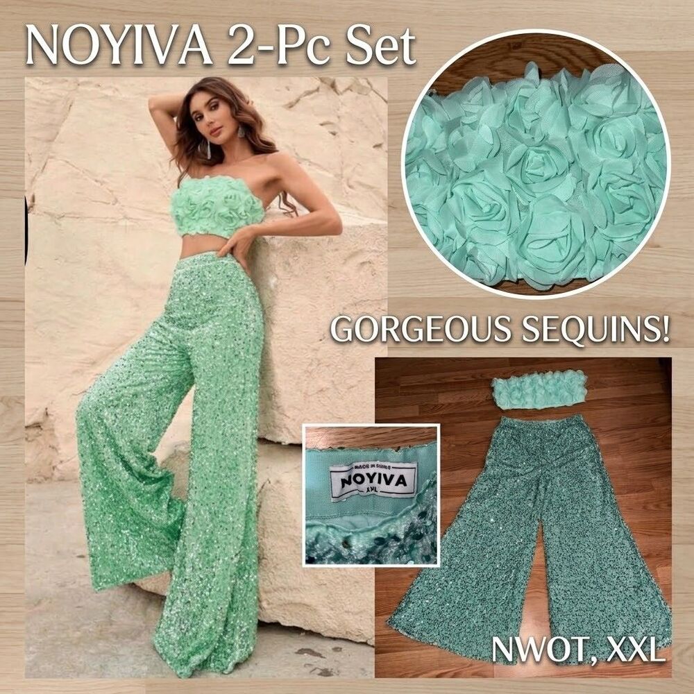 Noyiva Mint Green Floral Applique Tube Top & Sequin Wide Leg Pants Set XXL NWOT